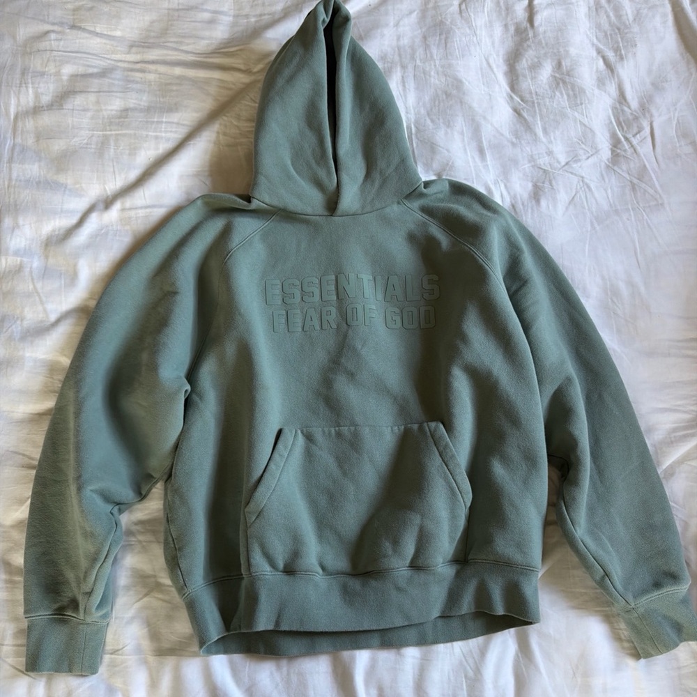 Essentials Sage Green Hoodie with Rubber Logo Patch